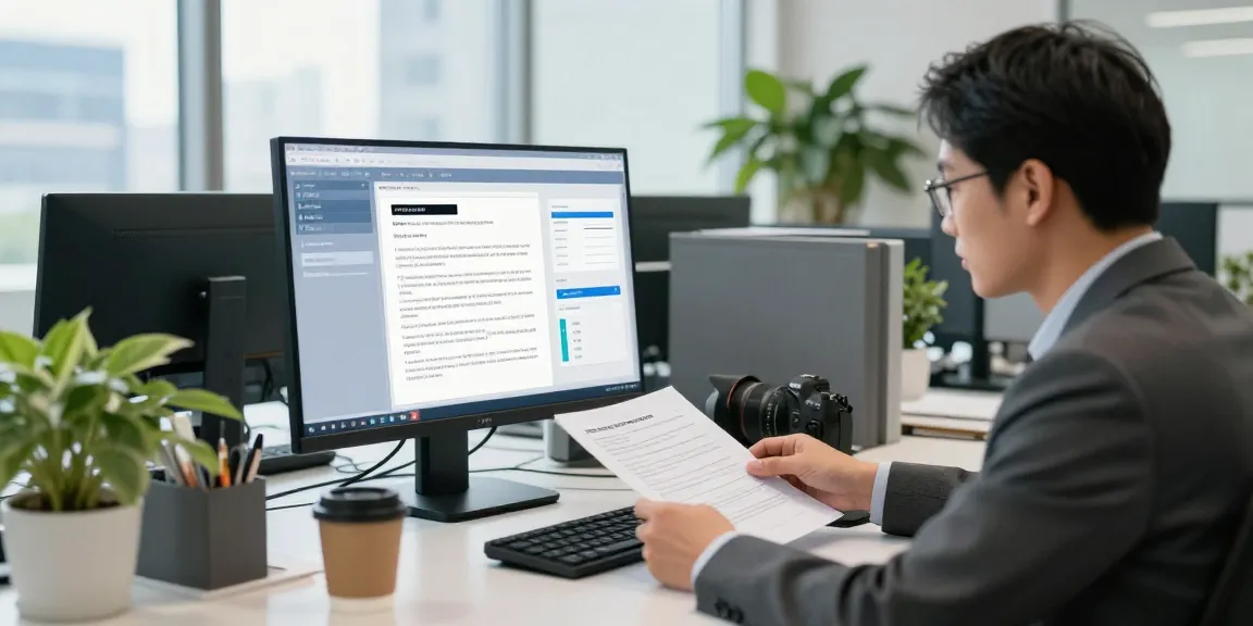 Compliance officer analyzing document fraud detection insights on multiple monitors in a professional office.