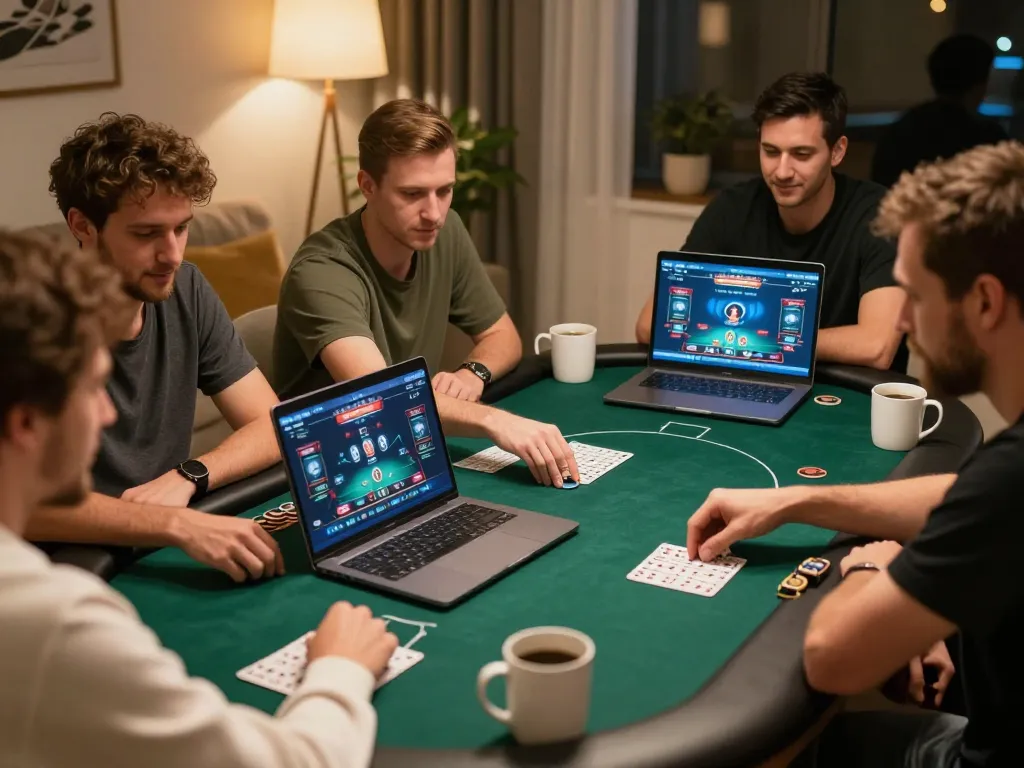 Man 88 players enjoying online poker with strategy notes and enthusiastic expressions