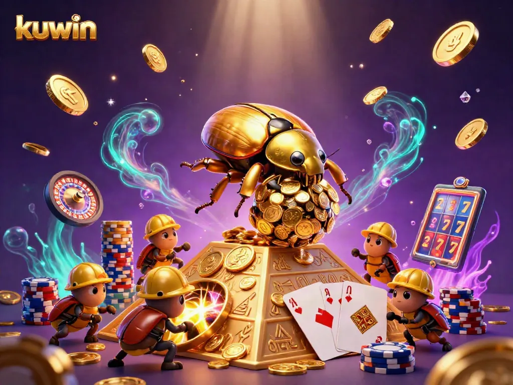 Experience thrilling gaming with kuwin's golden beetles rolling jackpots, amidst a rich casino backdrop.