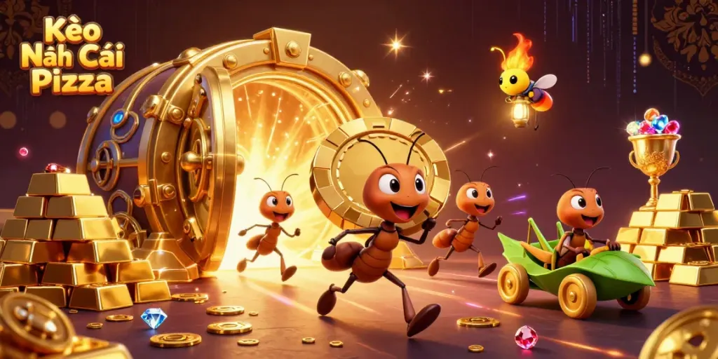 Kèo Nhà Cái Pizza: Ant team executing a heist for a giant poker chip amidst treasures.