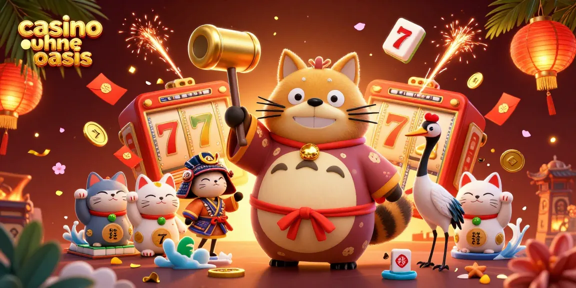 Discover exciting casino ohne oasis action with joyful tanuki and vibrant slot symbols in a cheerful 3D illustration.