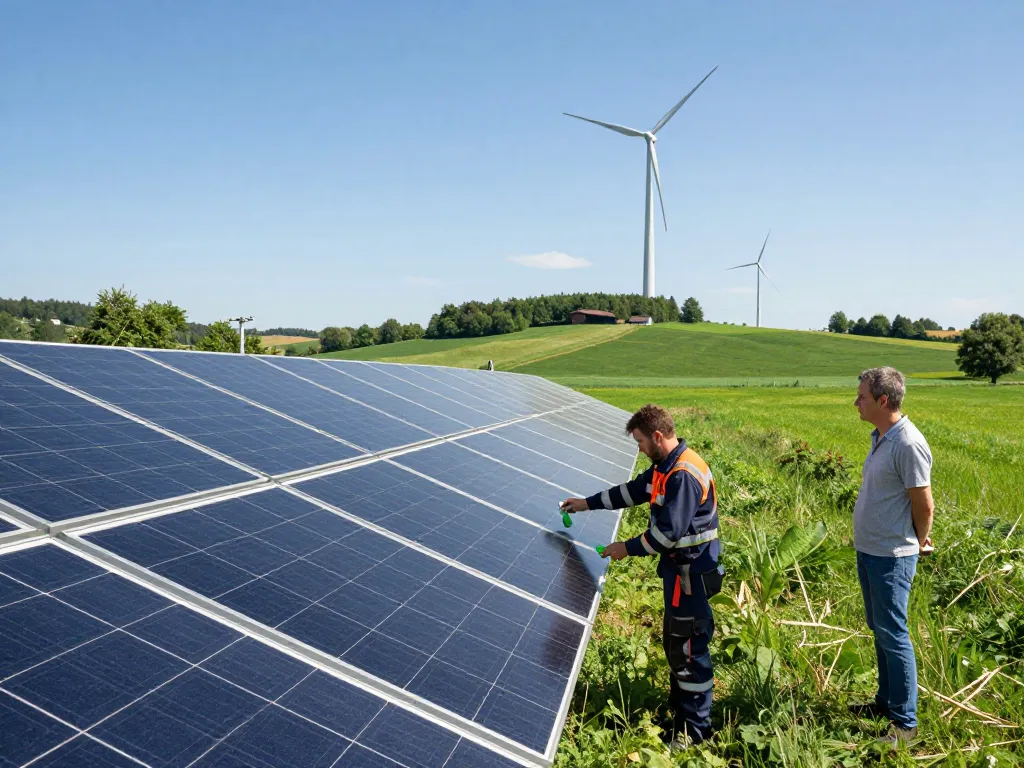 Photovoltaik Bayern Installation mit Techniker und Hausbesitzer in der malerischen bayerischen Landschaft.