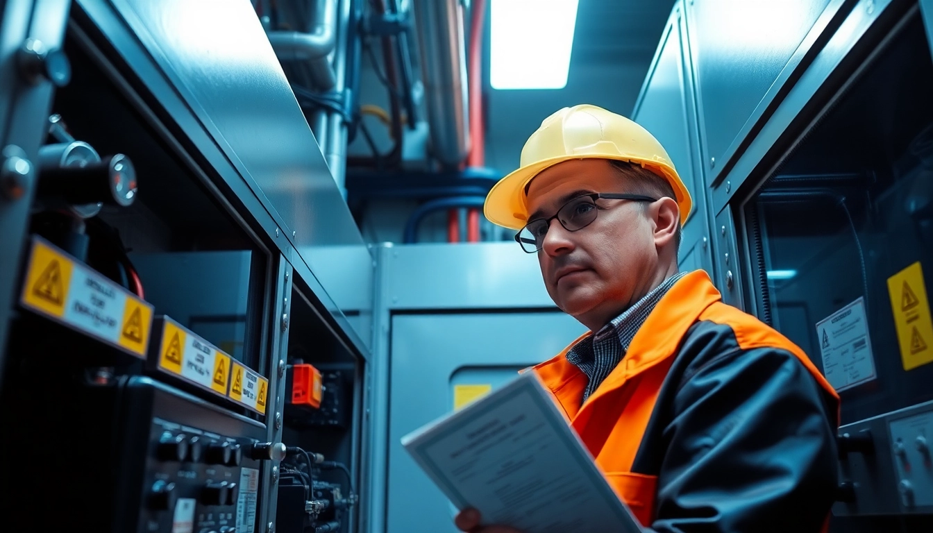 Technician performing DGUV V3 Prüfung on electrical equipment, ensuring workplace safety compliance.