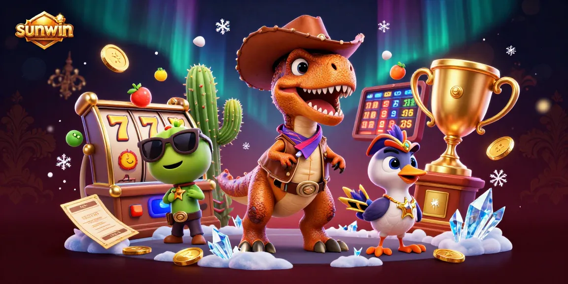 sunwin showcases exciting slot games with a dynamic illustration featuring a T-Rex and vibrant casino elements