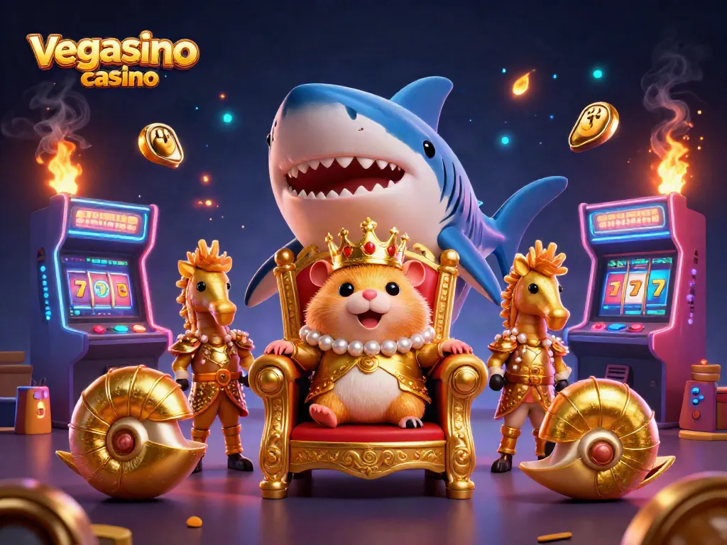 Engage in fun at Vegasino Casino with a dynamic 3D scene featuring a hamster king and exciting casino elements.