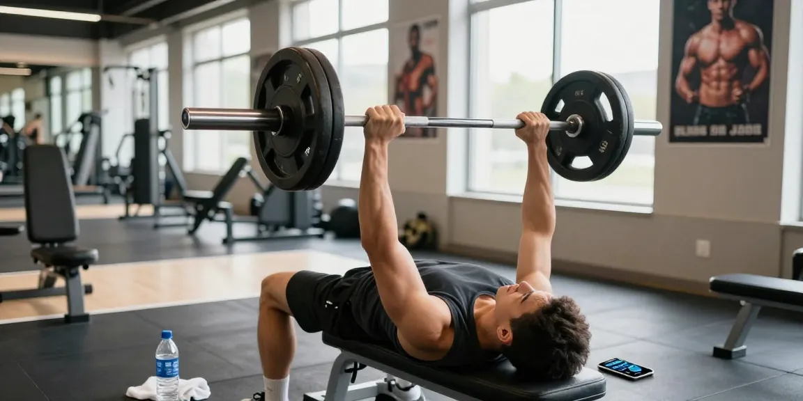 Anabolika Shop: Fitnessbegeisterter beim Bankdrücken im hellen Fitnessstudio mit Gewichten.