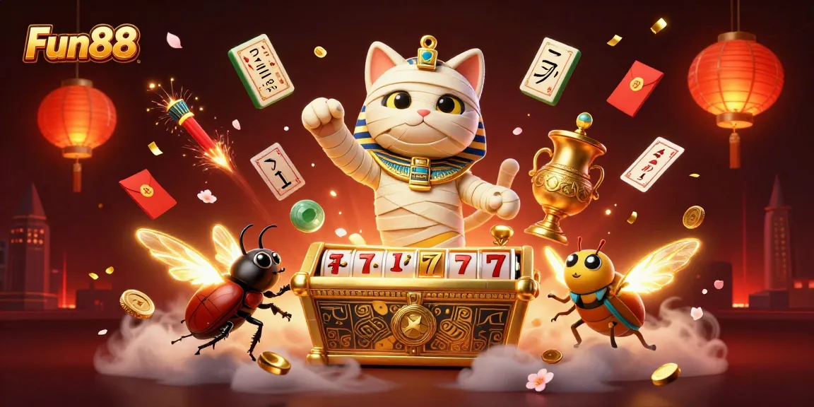 Experience the excitement of Fun88 with a vibrant illustration of an Egyptian mummy cat in a dynamic casino scene.