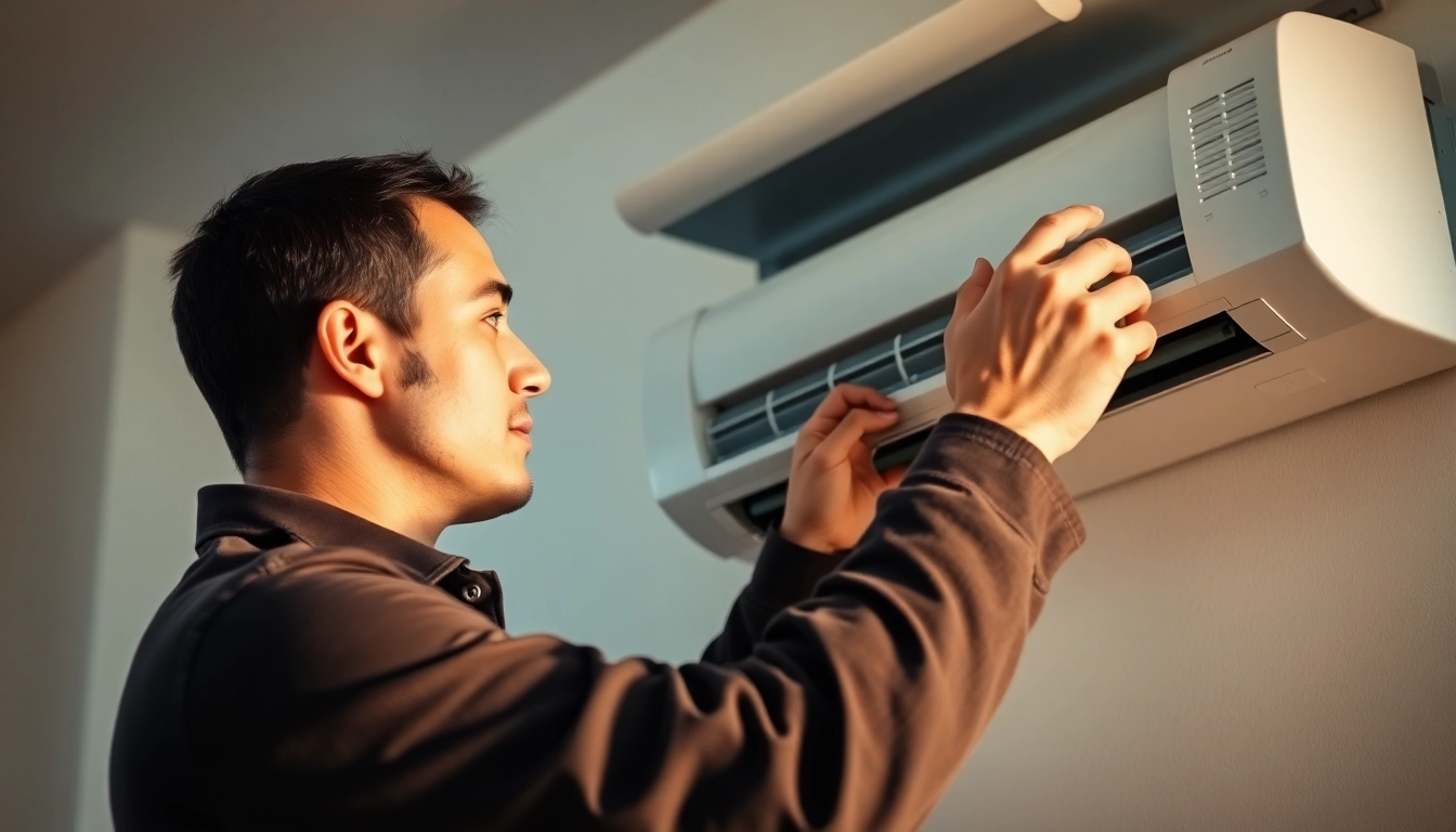 Kosten für eine Klimaanlage: Professional installing a unit in a bright home, showcasing expertise.