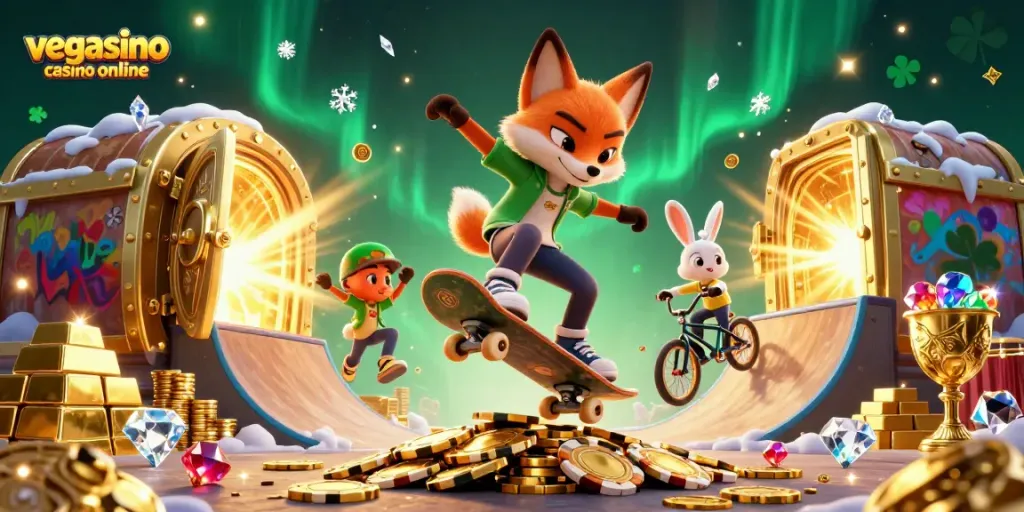 Experience the thrill of gaming at vegasino casino online with lively casino-themed characters.