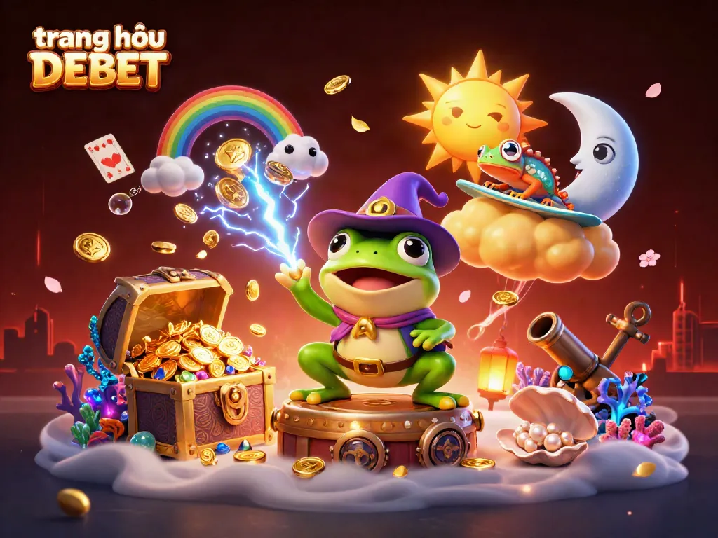 Engaging view of trang chủ DEBET showing vibrant gold coins and lively characters celebrating wins in a dynamic casino scene.