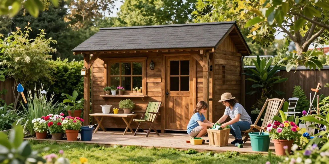 Attraktives Gartenhaus von McGarden24 umgeben von blühenden Pflanzen und Familienaktivitäten mit Gartenmöbeln.