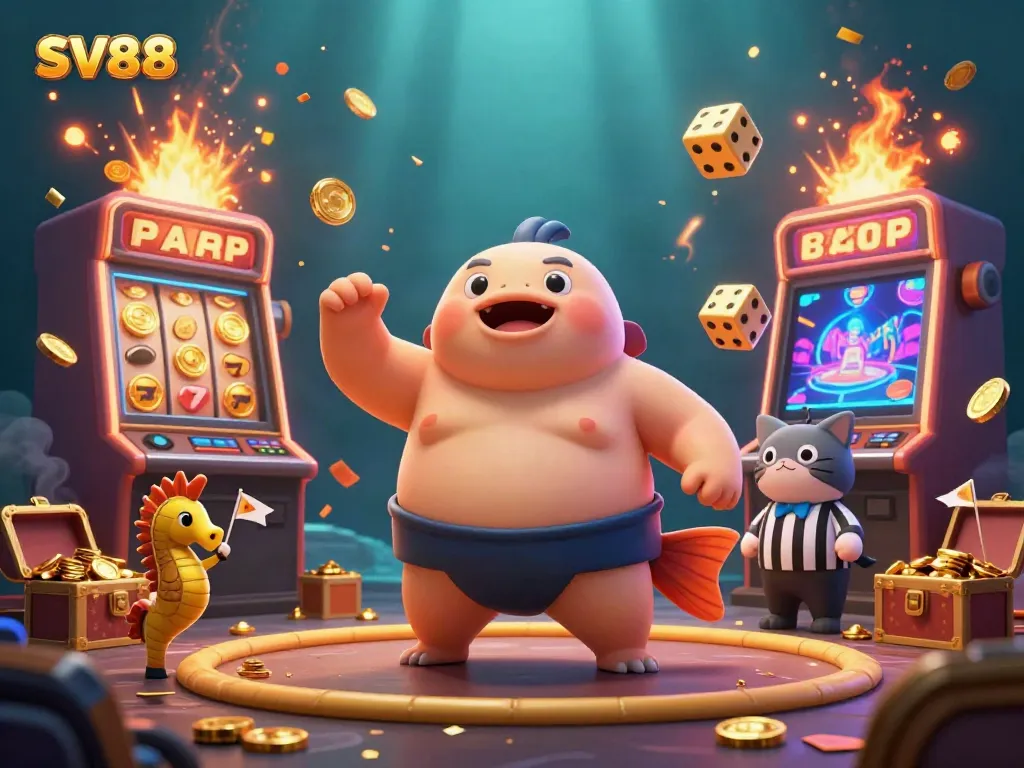 Experience the thrilling casino atmosphere of SV88 with dynamic gaming elements and vibrant characters in an underwater setting.