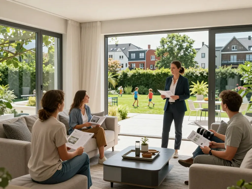 Immobilienmakler Frankfurt Riedberg, der ein Familienhaus mit potenziellen Käufern in modernem Viertel präsentiert