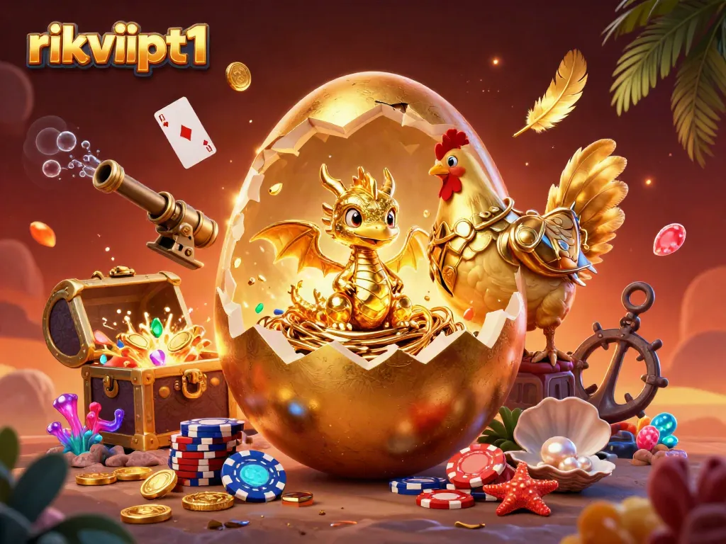 Experience the excitement of rikvipt1 with a golden dragon, poker chips, and treasure bursting forth.