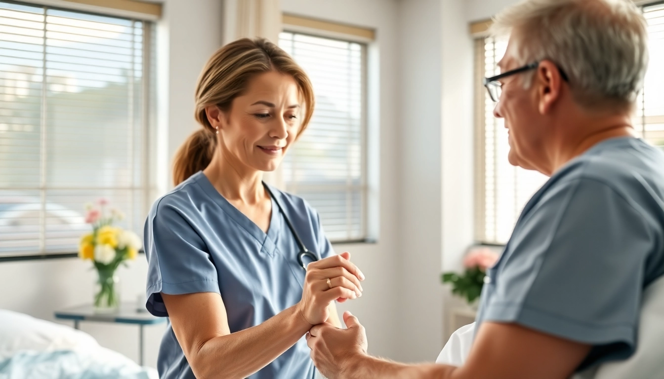 intensivpflege frankfurt: Pflegekraft hilft einem Patienten in einem komfortablen Krankenhauszimmer.