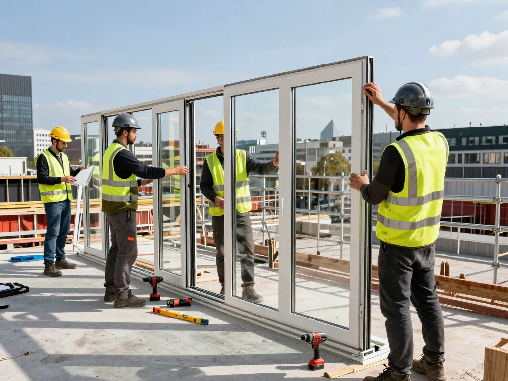Installation von energieeffizienten Fenstern in Düsseldorf, die die Techniken des Fensterbaus Düsseldorf und die professionelle Teamarbeit zeigen.