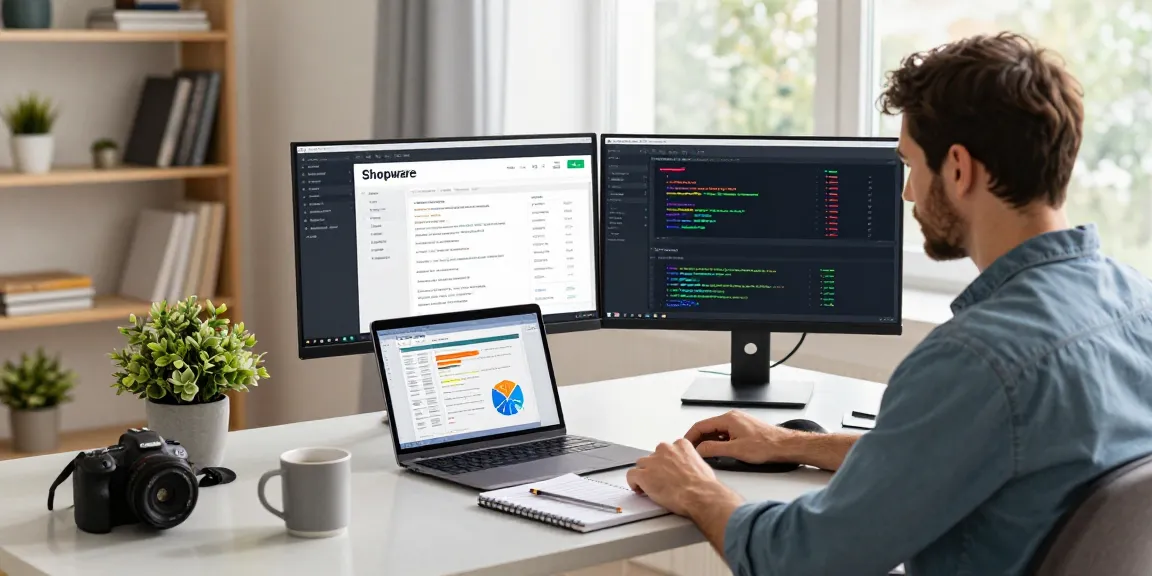 Shopware-Freelancer arbeitet in einem modernen E-Commerce-Büro und konzentriert sich auf die Entwicklung von Online-Shops.