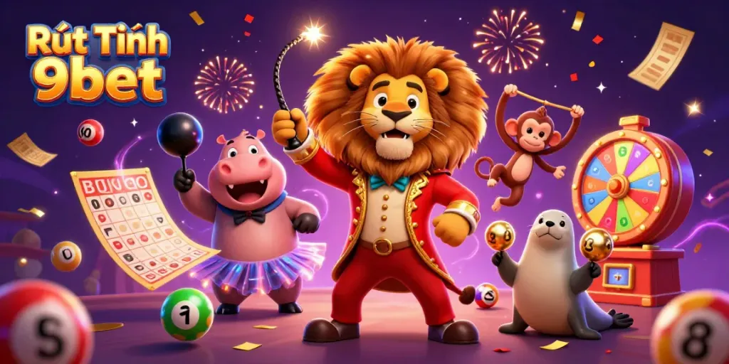 Engage in Rút Tiền 9bet with a dynamic, festive 3D casino scene featuring playful characters and vibrant gambling elements.