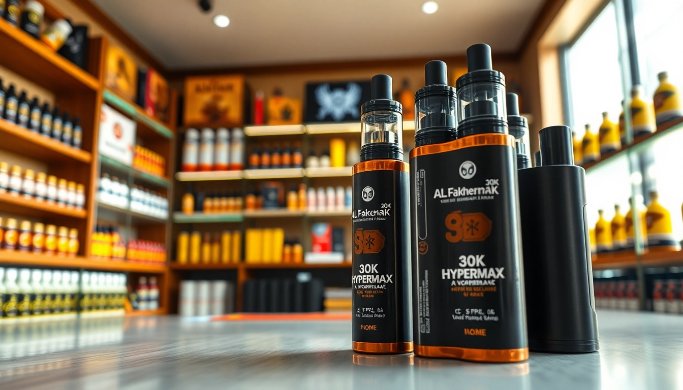 Al Fakher 30K Hypermax im eleganten Vape Shop-Umfeld mit warmen Tönen.