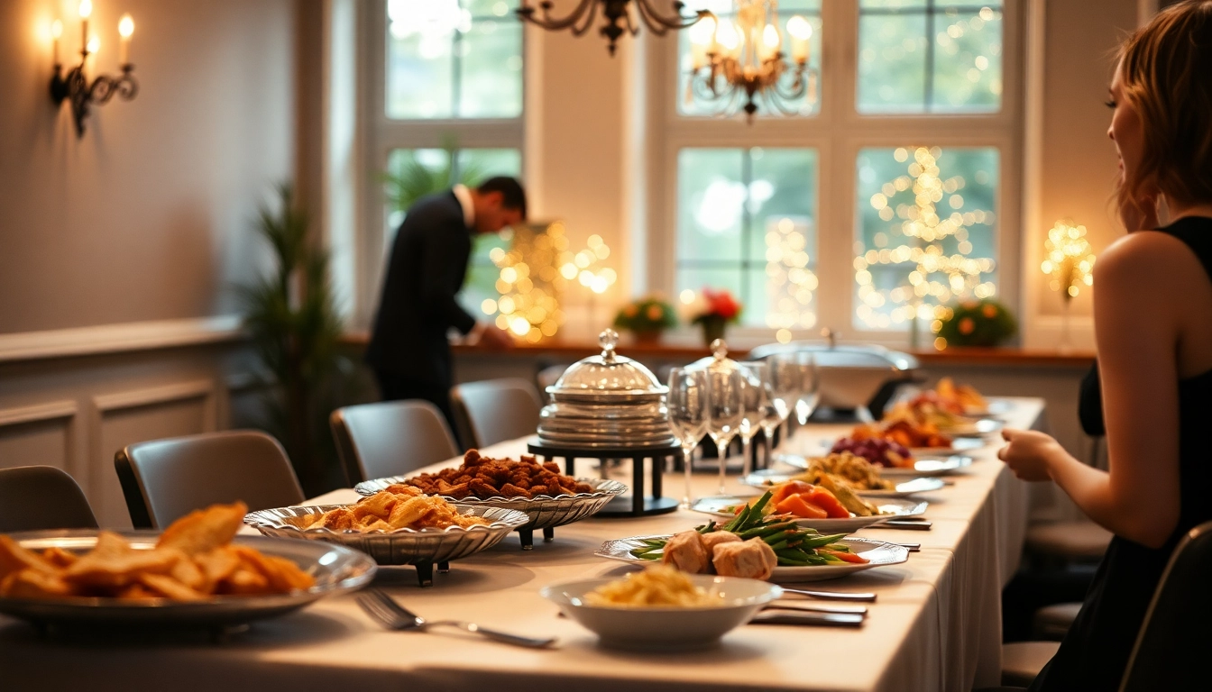 Catering: Servieren von köstlichen Speisen auf elegant gedecktem Tisch mit warmen Licht für Veranstaltungen.