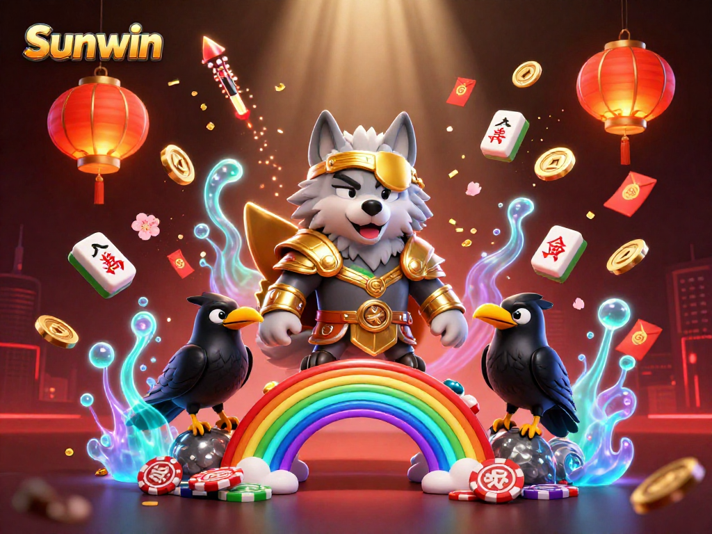 Experience the thrill of Sunwin with a vibrant 3D casino illustration featuring Odin and lucky symbols.