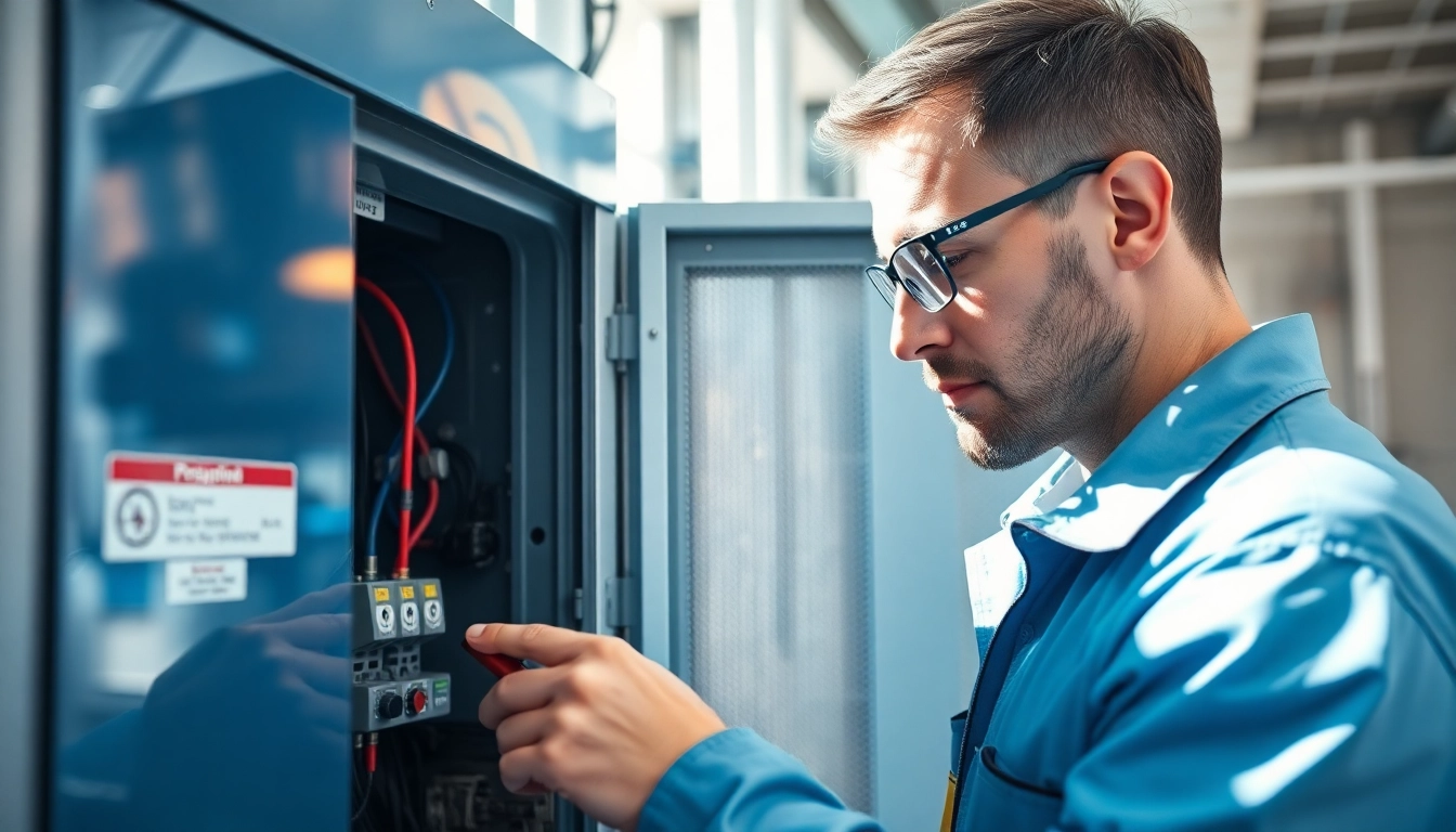 Technician conducting DGUV V3 Prüfung on electrical equipment, ensuring workplace safety compliance.