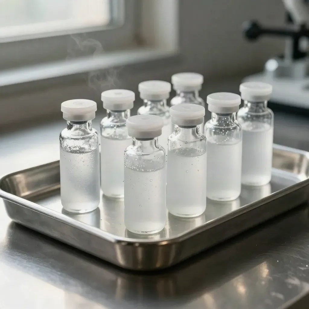 Frostige Laborvials und ein Probenhalter auf gebürstetem Metall, edel inszeniert.