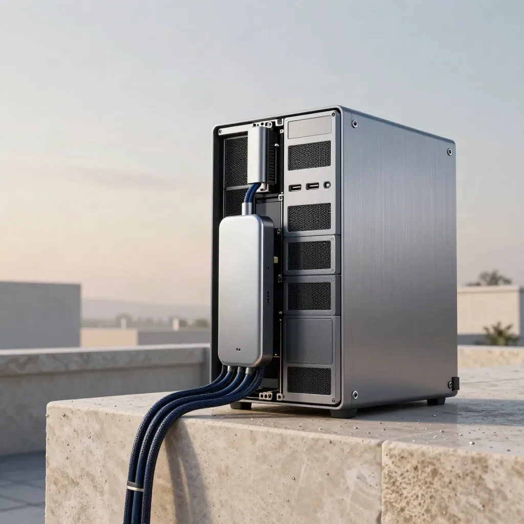 Serverhardware mit Ethernetkabel auf Sandstein im Morgenlicht