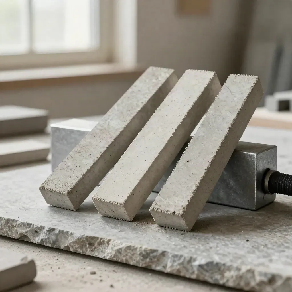 Baustoff-Kernproben mit Winkelblock und Klammer auf Stein im Makrolicht
