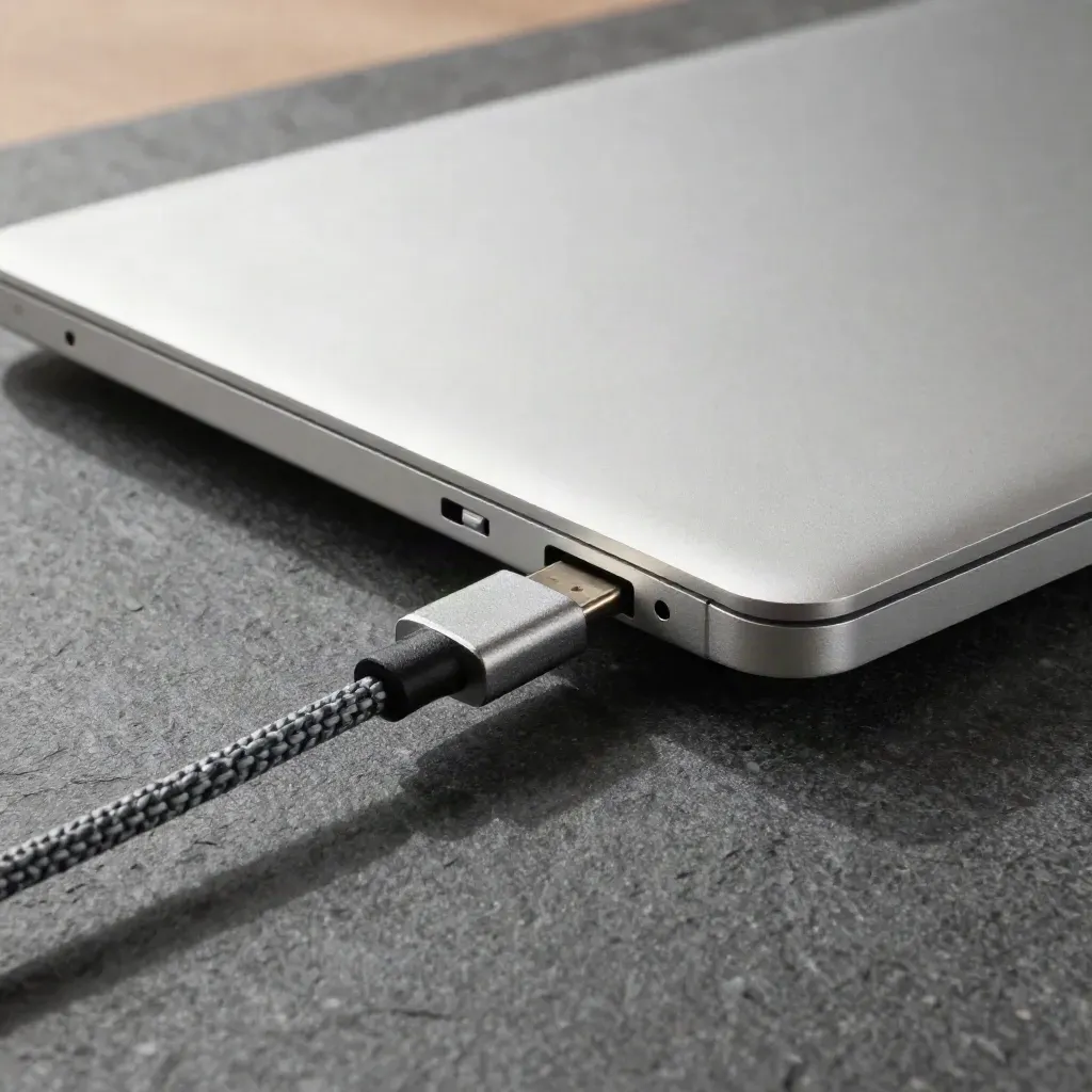 Geschlossener Laptop, geflochtenes USB-C-Kabel und Dock-Adapter auf Stein im Schräglicht.