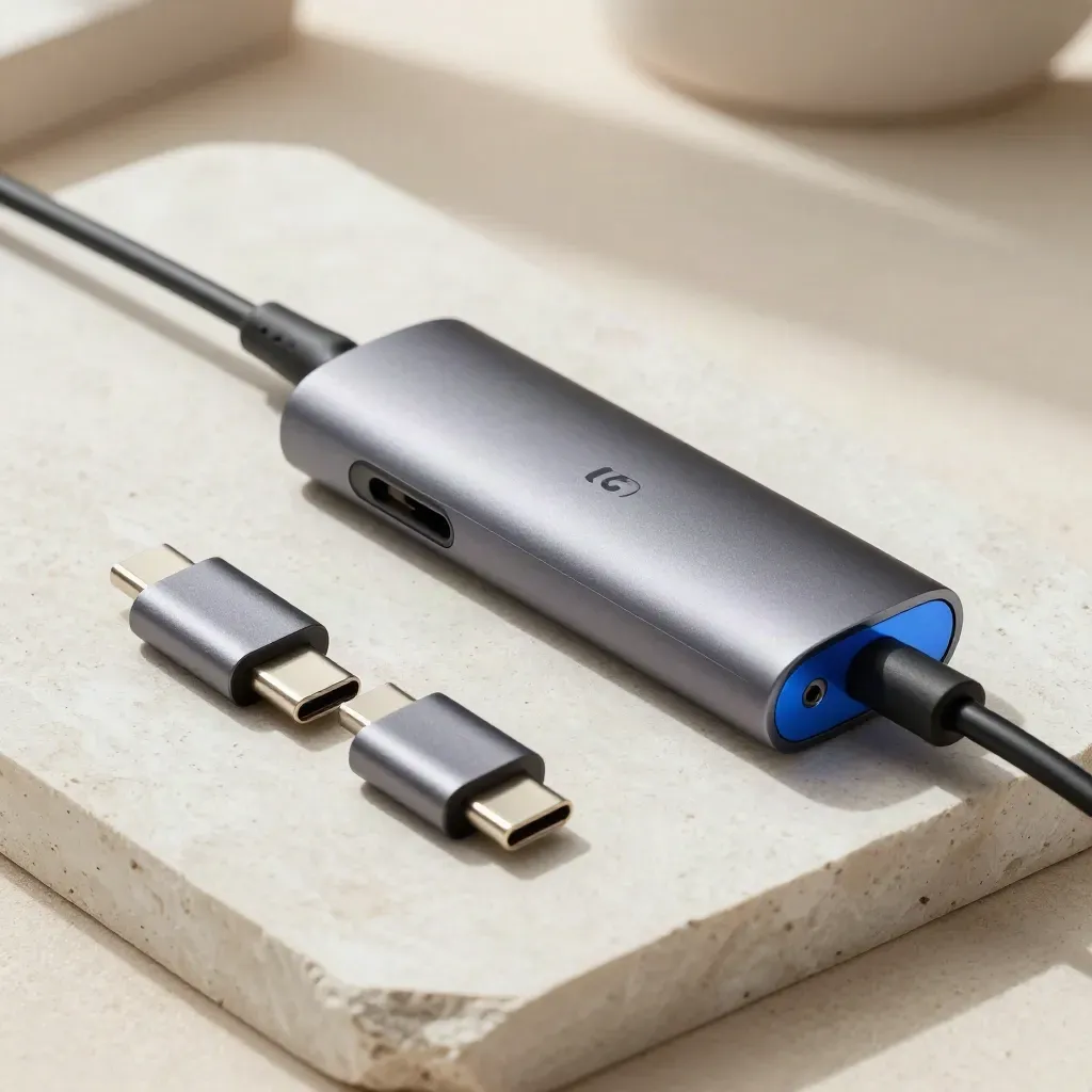 Schwarzer USB-C-Hub mit Kabel und Adaptern auf hellem Putz, von oben im edlen Editorial-Look.