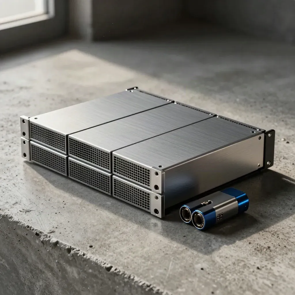 Modulares Rackmount-Set mit drei Server-Blanks und Präzisionssteckern auf Beton.