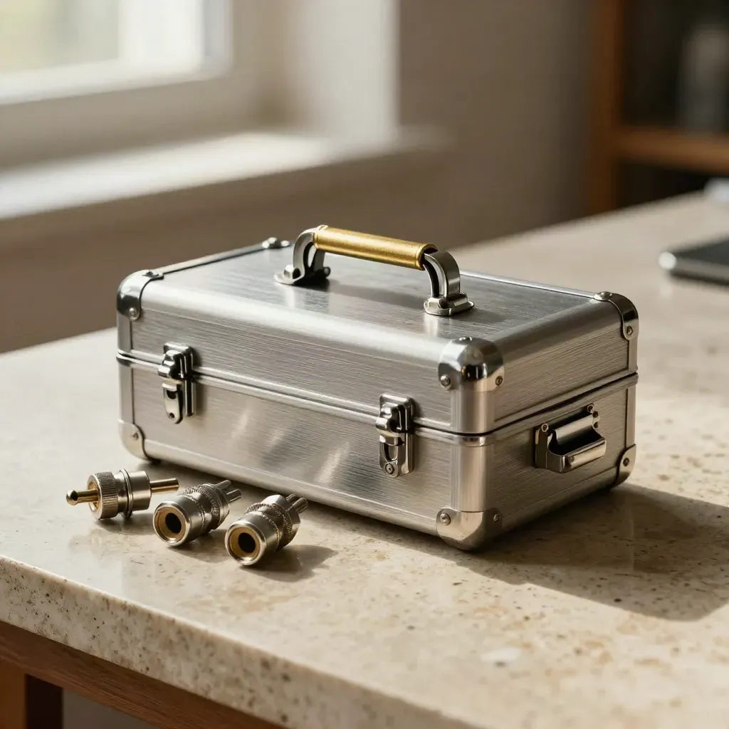 Brushed-Steel-Case, Messingkappe und drei Stecker im dunklen Studio auf Kalkstein.