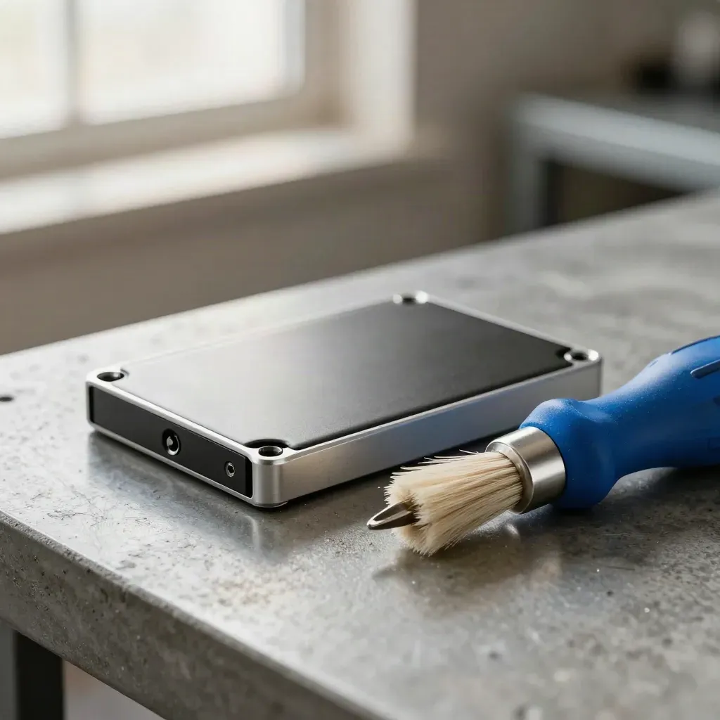 Makro von Schraubendreherset, SSD-Gehäuse und Anti-Statikbürste auf Metall.