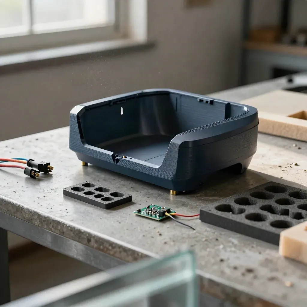 3D-Prototypengehäuse, Jumperkabel und Schaumstoffeinlage auf einer Maker-Werkbank