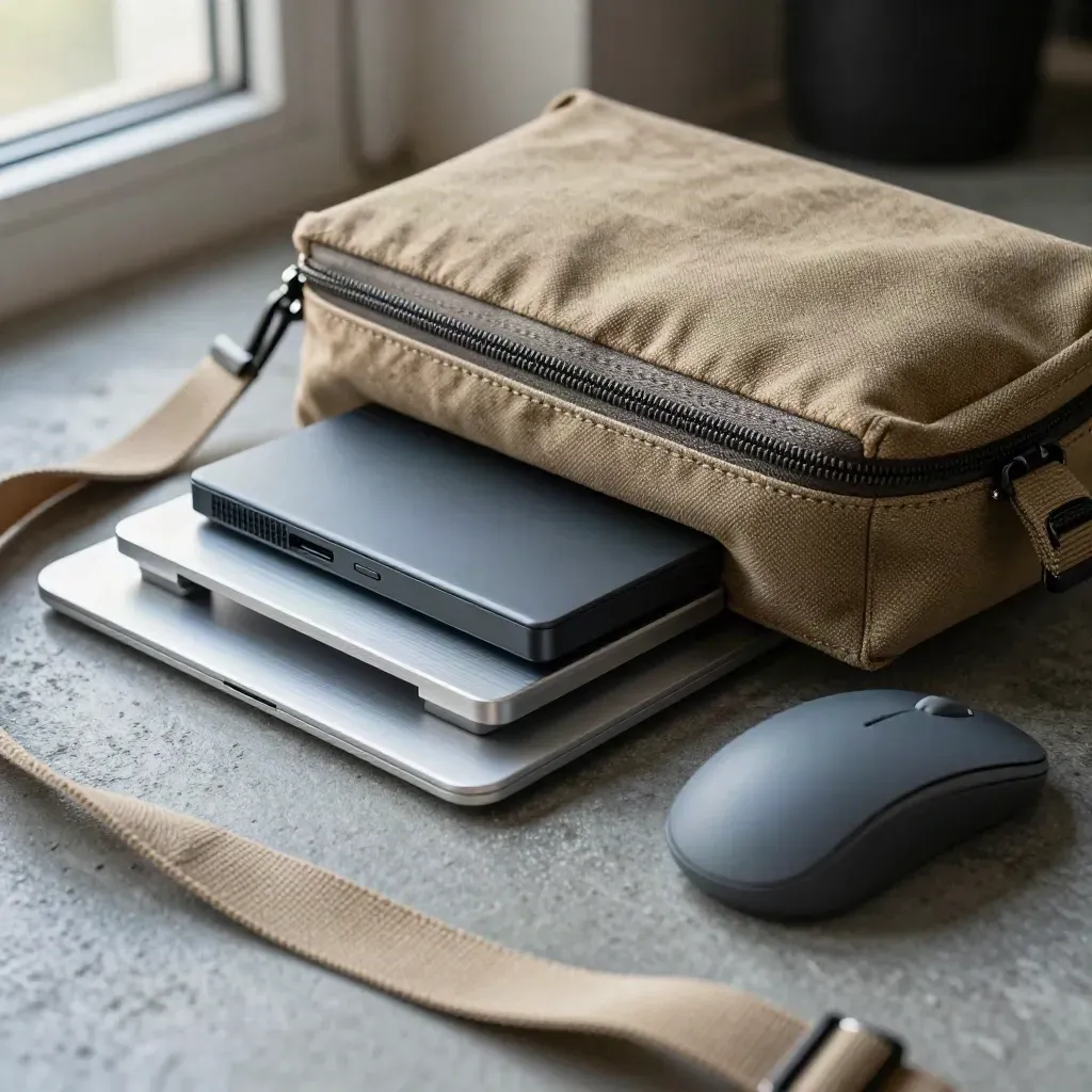 Laptopständer, SSD, Maus und Canvas-Tasche auf Slate-Stein, von oben fotografiert.