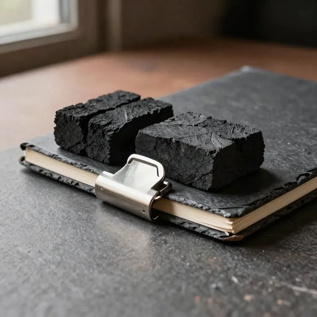 Charcoal-Materialblöcke, Metallclip und geschlossenes Schiefernotizbuch auf dunkler Oberfläche.