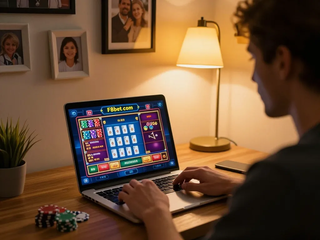 Engaging gameplay on F8bet com in a warm home setting with casino games visible on the laptop screen