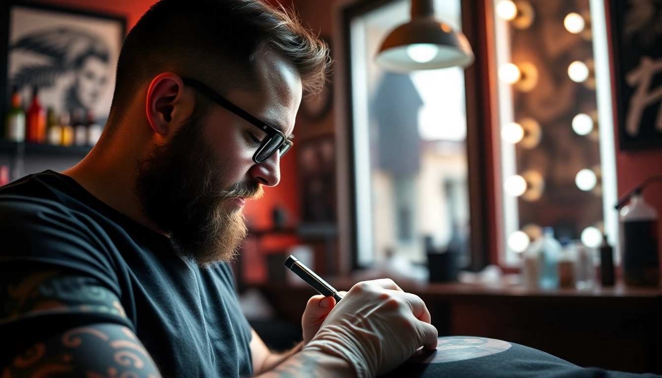 Ein professioneller Tätowierer im Tattoo Studio München kreiert ein kunstvolles Tattoo-Design für einen Kunden.