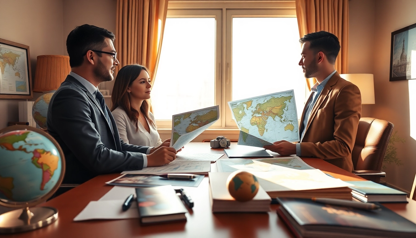 Flug & Hotel Tipps von engagierten Reiseexperten am Schreibtisch mit Karten.