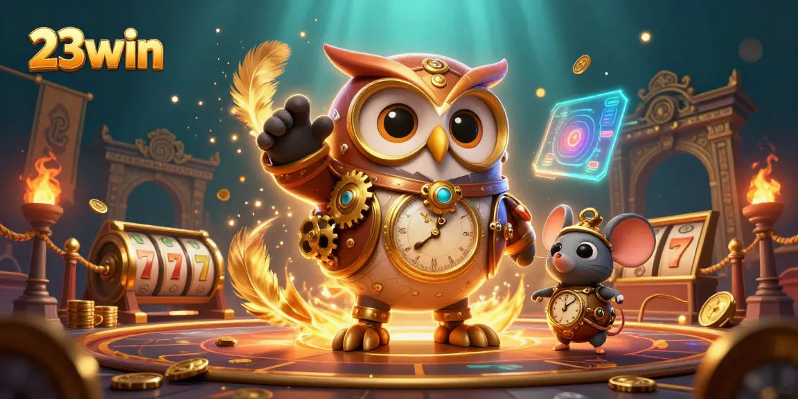 Engage in thrilling slots action with 23win's time-traveler owl illustration in a vibrant, steampunk casino