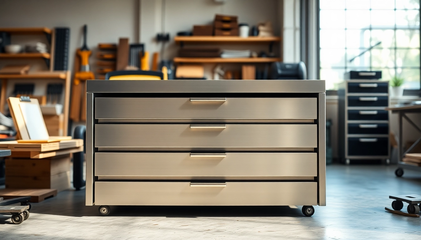 Metall Drawer System in einem modernen Arbeitsplatz zeigt robuste Bauweise und elegantes Design.