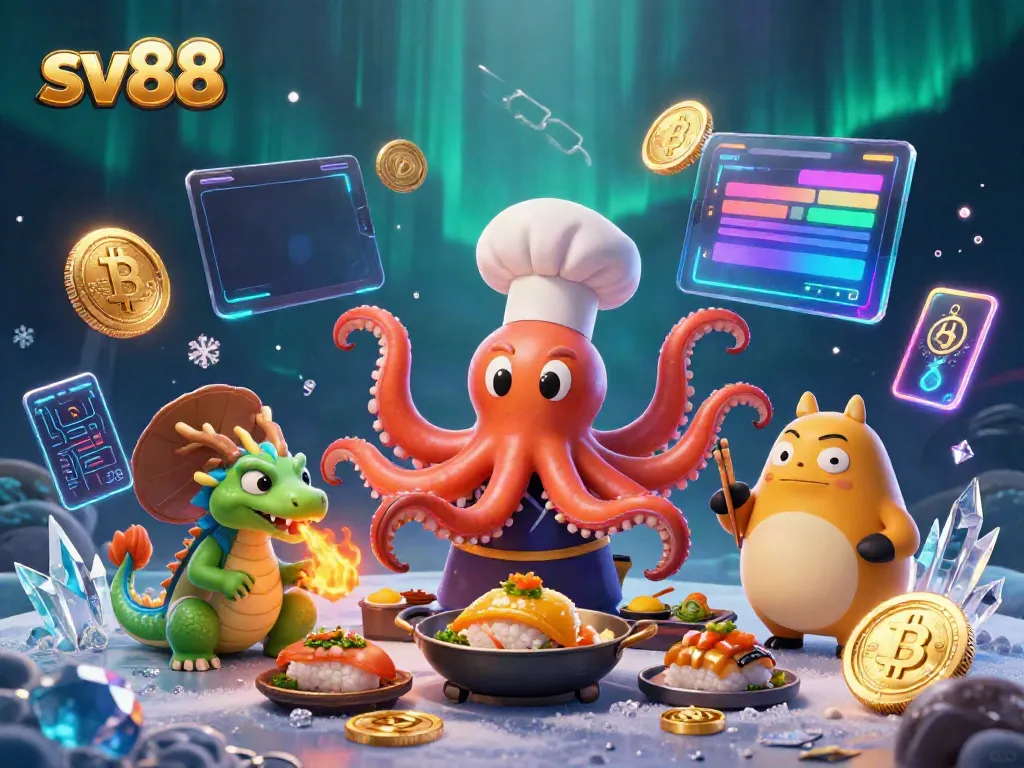 Engage in sv88's exciting gambling universe with a vibrant 3D cartoon scene featuring a sushi chef octopus and dragon.