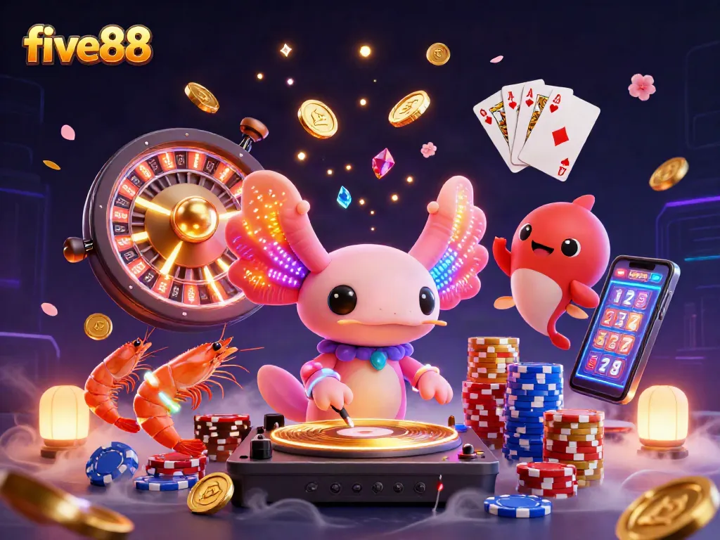 Experience the excitement of five88 with vibrant casino elements and animated characters.