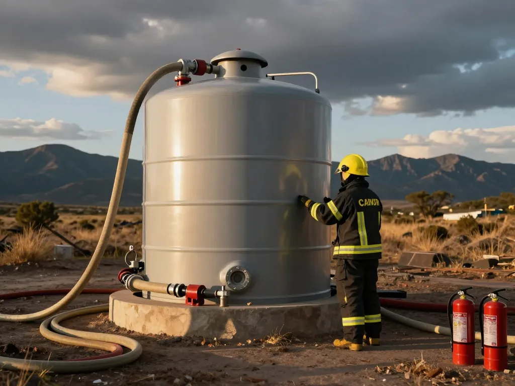 Löschwasserzisterne Dimensionierung Feuerwehr während der Feldinspektion, flexibler Löschwasserbehälter in rauer Landschaft.