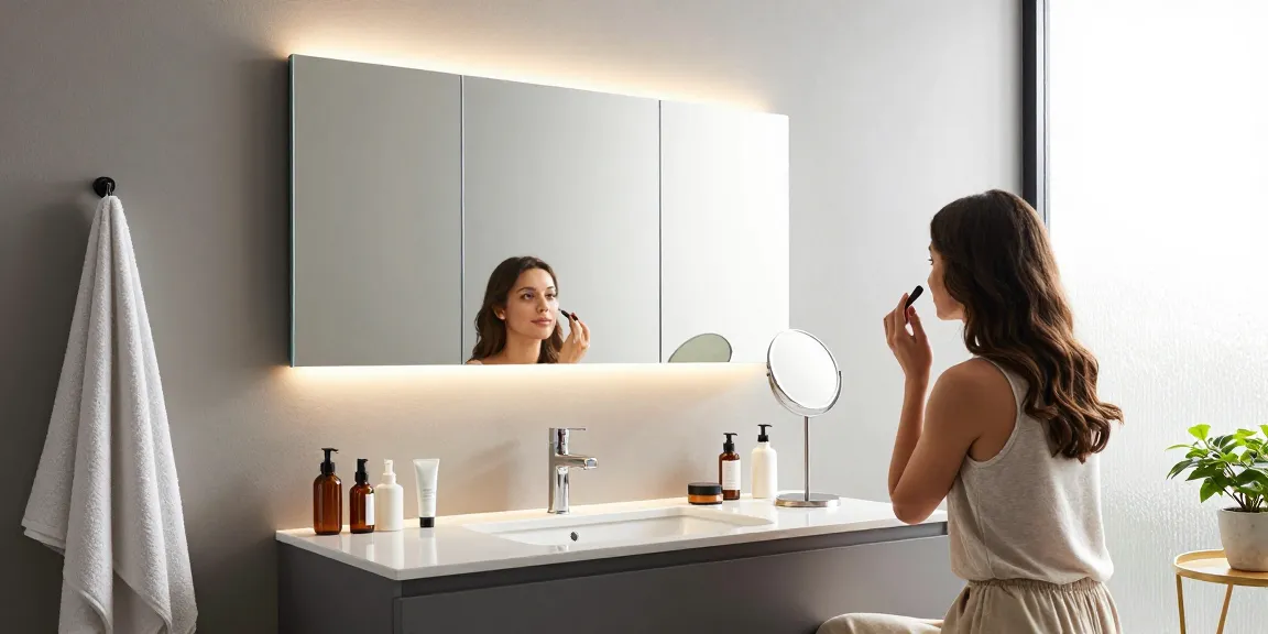 Elegante spiegelkast in een moderne badkamer met geïntegreerde verlichting, die de make-up applicatie ervaring verbetert.