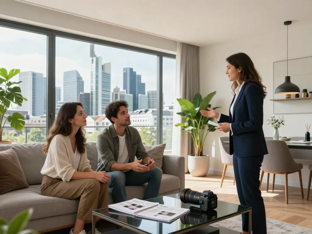 Bester Immobilienmakler Frankfurt berät Kunden bei Besichtigung einer modernen Wohnung mit Skyline-Blick.