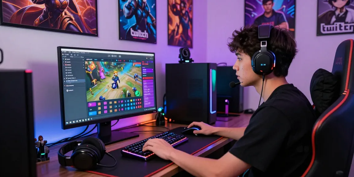 Twitch Follower kaufen: Gamer in moderner eSports-Umgebung analysiert Follower-Metriken.