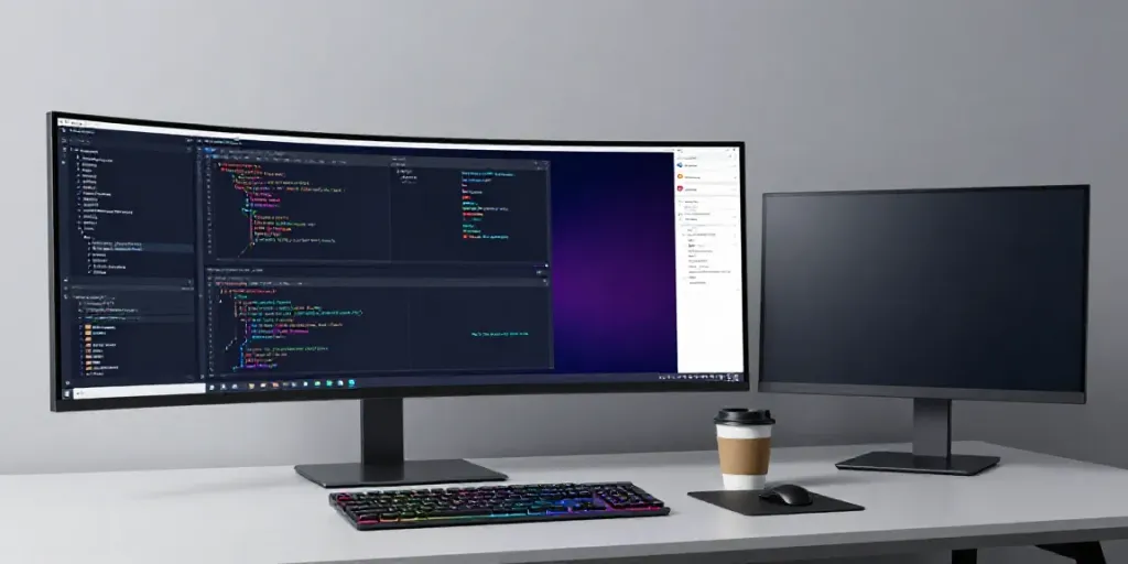 Entwicklerarbeitsplatz mit gg, modernem Code-Editor, Cloud-Lösungen und Cybersecurity-Elementen.