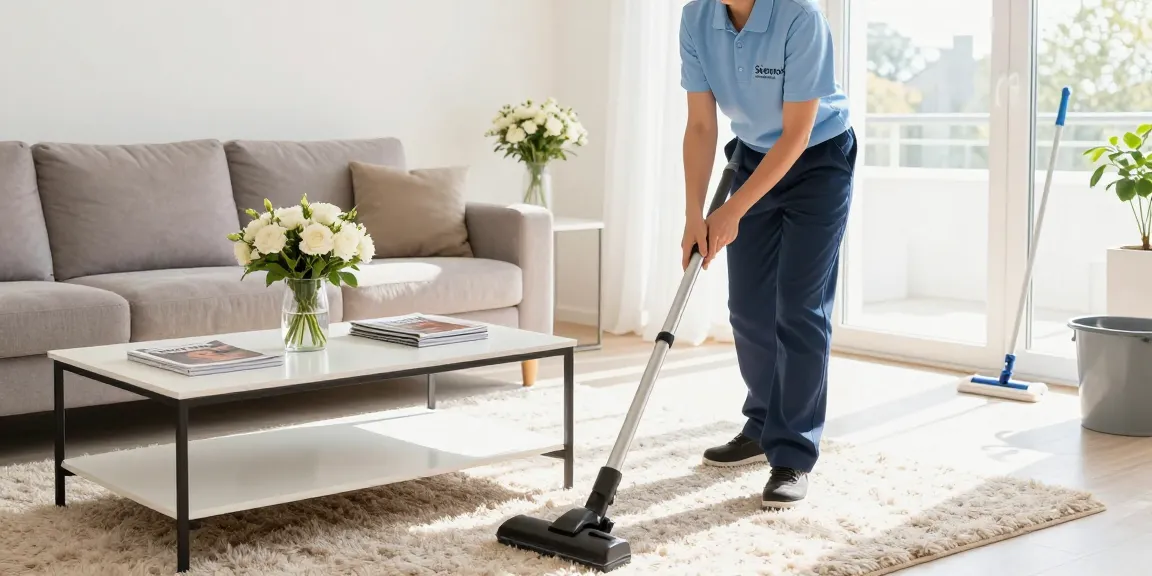Professional cleaner from reinigungsfirma solothurn vacuuming a cozy living room with sunlight streaming in.